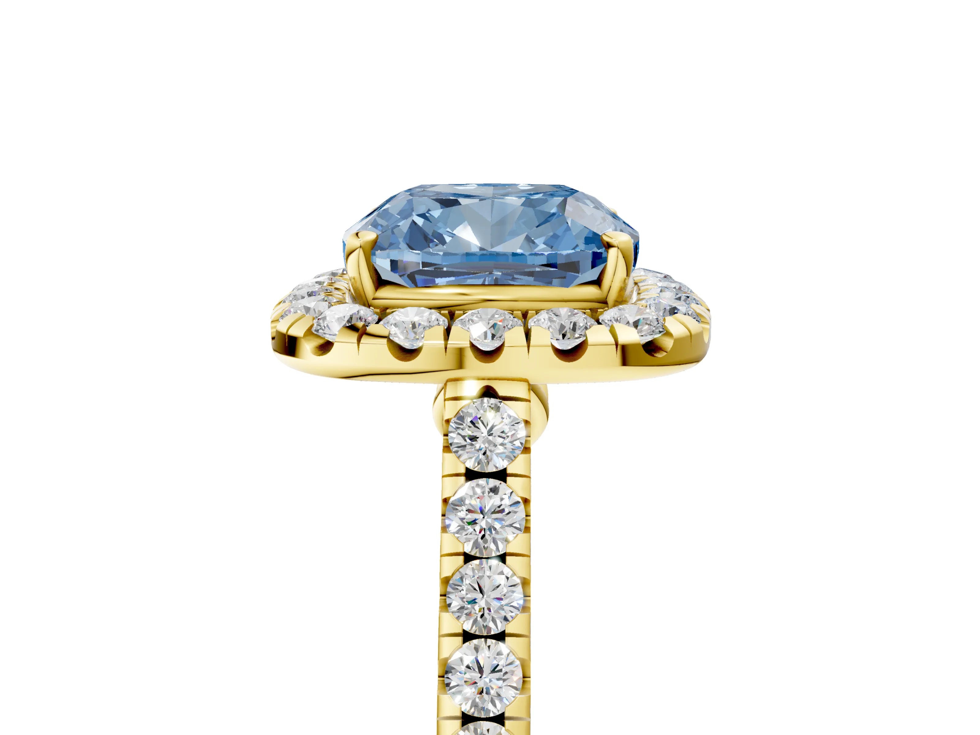 Yellow gold Fancy Blue Cushion Cut Halo Pave Diamond Engagement Ring with Four-Prong Setting_5