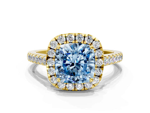 Yellow gold Fancy Blue Cushion Cut Halo Pave Diamond Engagement Ring with Four-Prong Setting