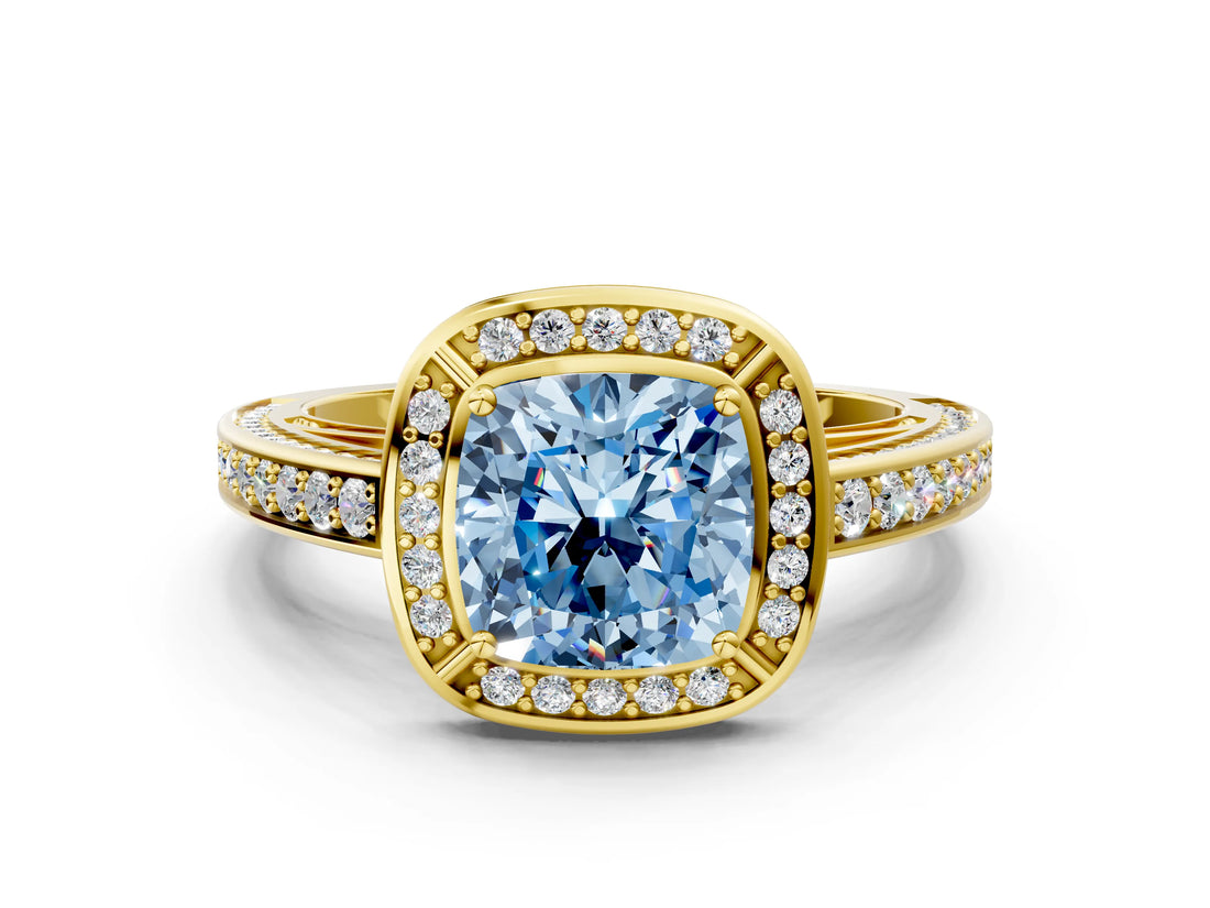 Yellow gold Fancy Blue Cushion  Cut Halo Pave Split Shank Prong Setting Ring_31