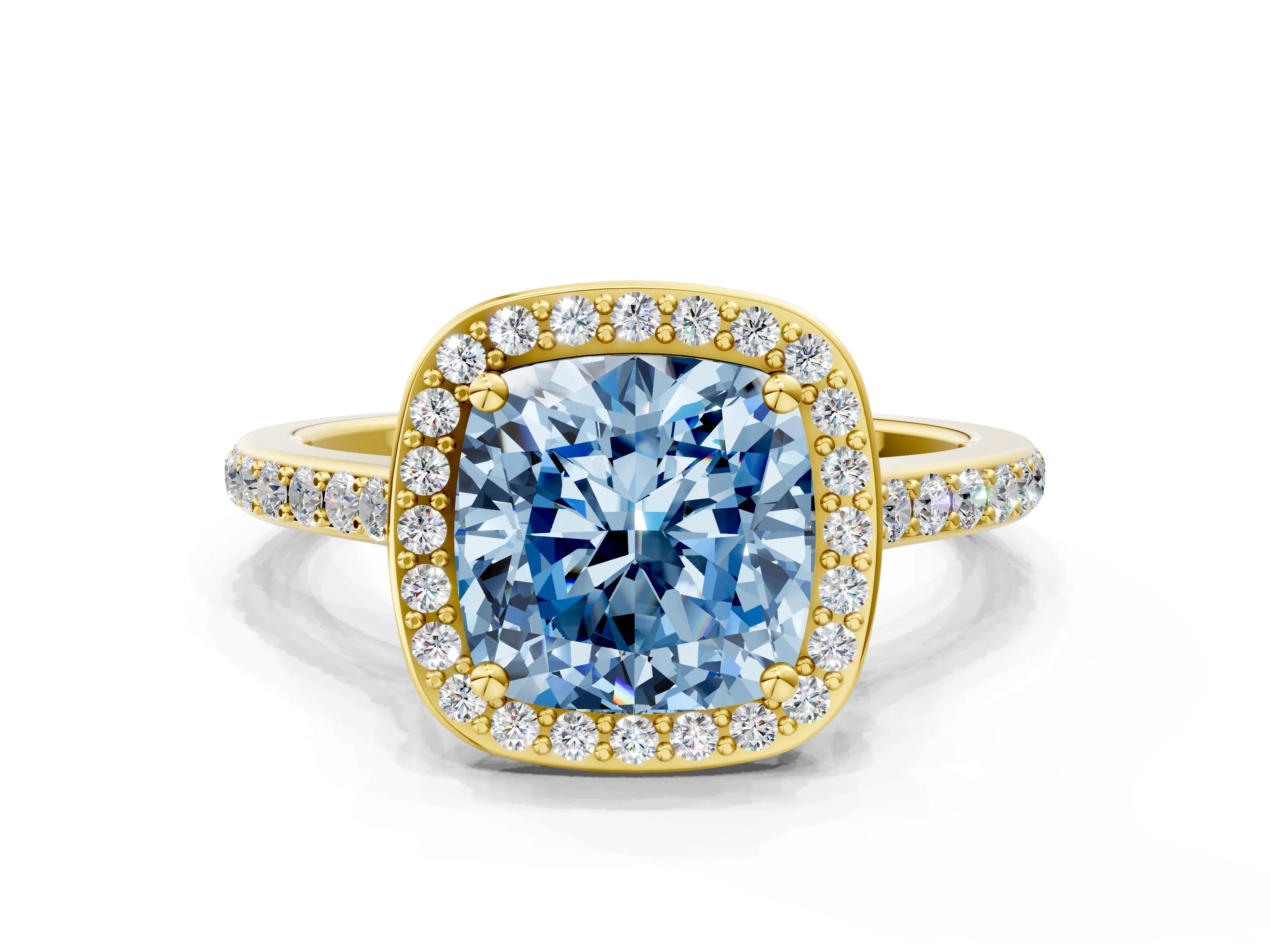 Yellow gold Fancy Blue Cushion Cut Halo Round Diamond Pavé Band with Four-Prong Setting_3