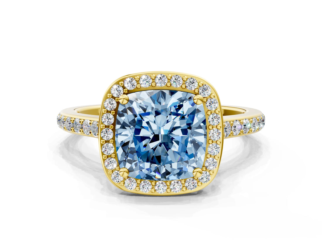 Yellow gold Fancy Blue Cushion Cut Halo Round Diamond Pavé Band with Four-Prong Setting_3