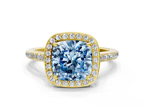Yellow gold Fancy Blue Cushion Cut Halo Round Diamond Pavé Band with Four-Prong Setting_3