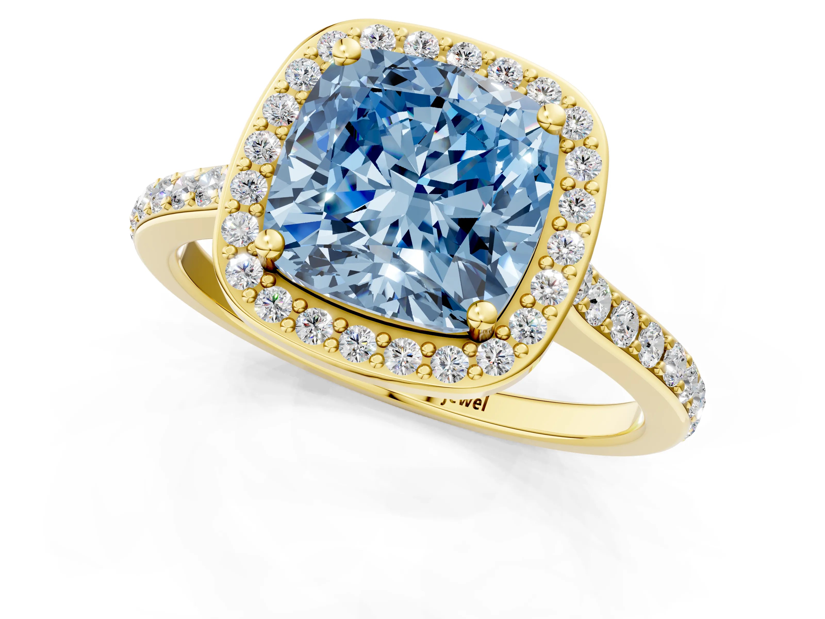 Yellow gold Fancy Blue Cushion Cut Halo Round Diamond Pavé Band with Four-Prong Setting_4