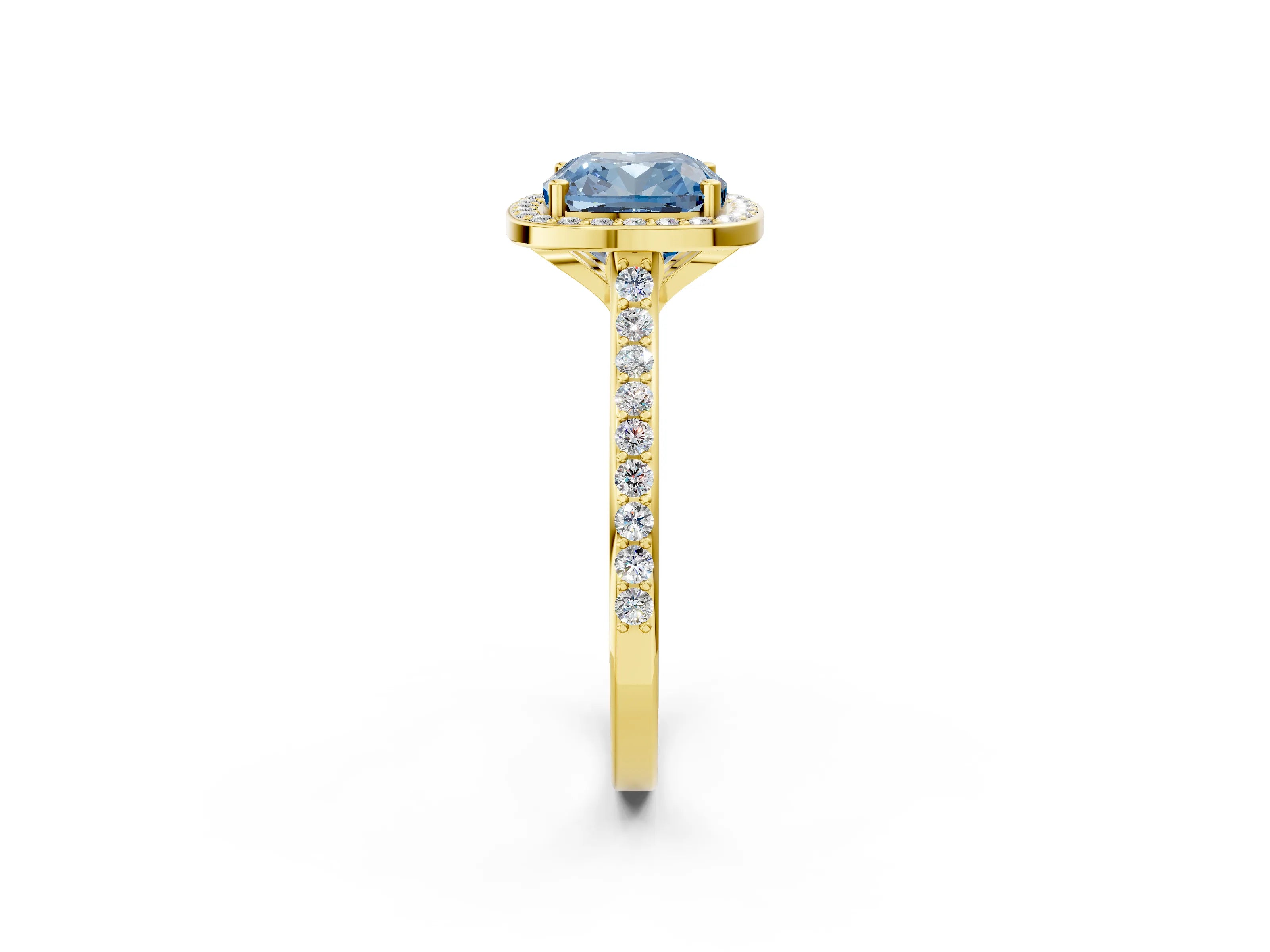 Yellow gold Fancy Blue Cushion Cut Halo Round Diamond Pavé Band with Four-Prong Setting_5