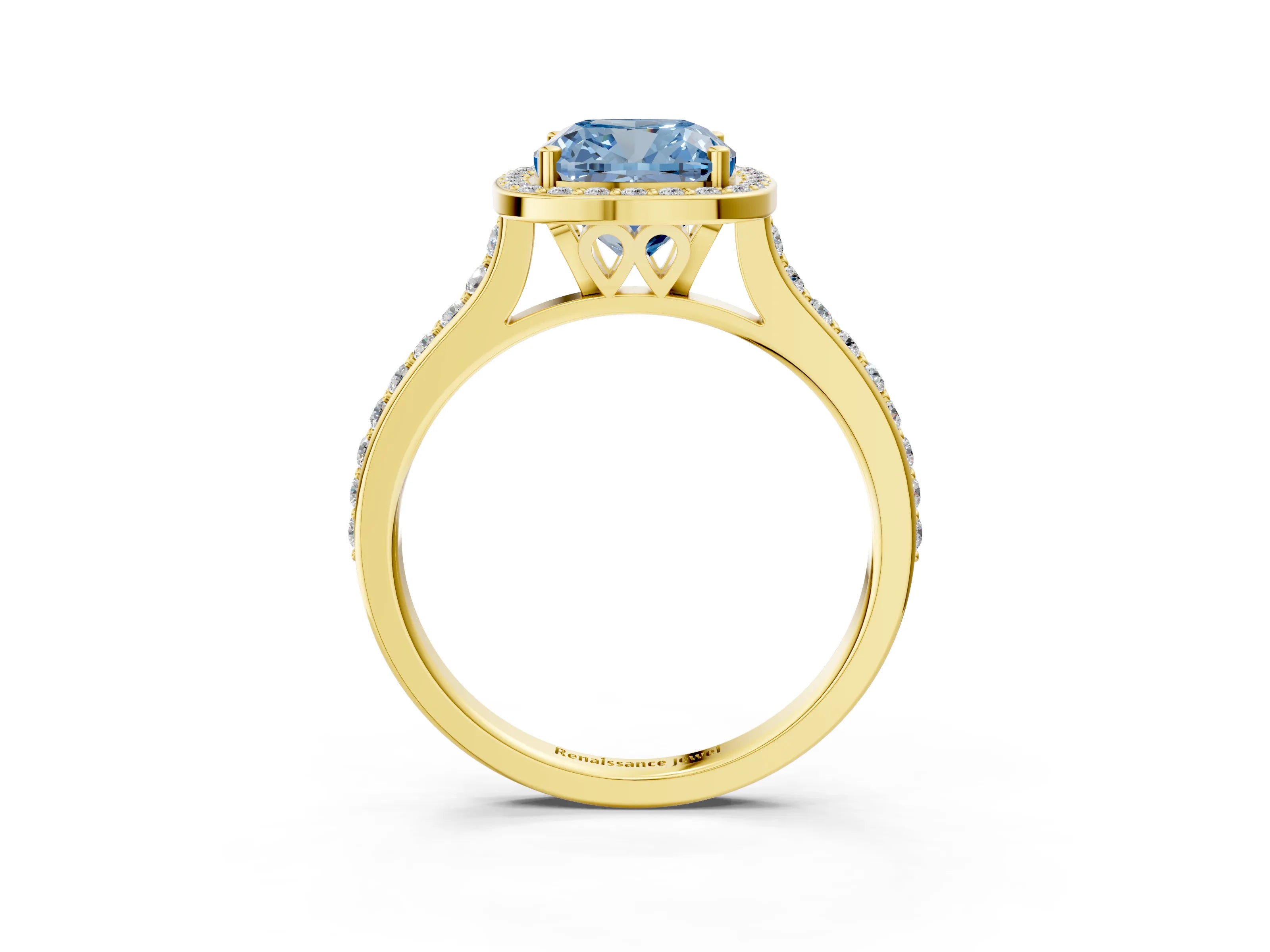 Yellow gold Fancy Blue Cushion Cut Halo Round Diamond Pavé Band with Four-Prong Setting_6