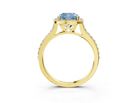 Yellow gold Fancy Blue Cushion Cut Halo Round Diamond Pavé Band with Four-Prong Setting_6