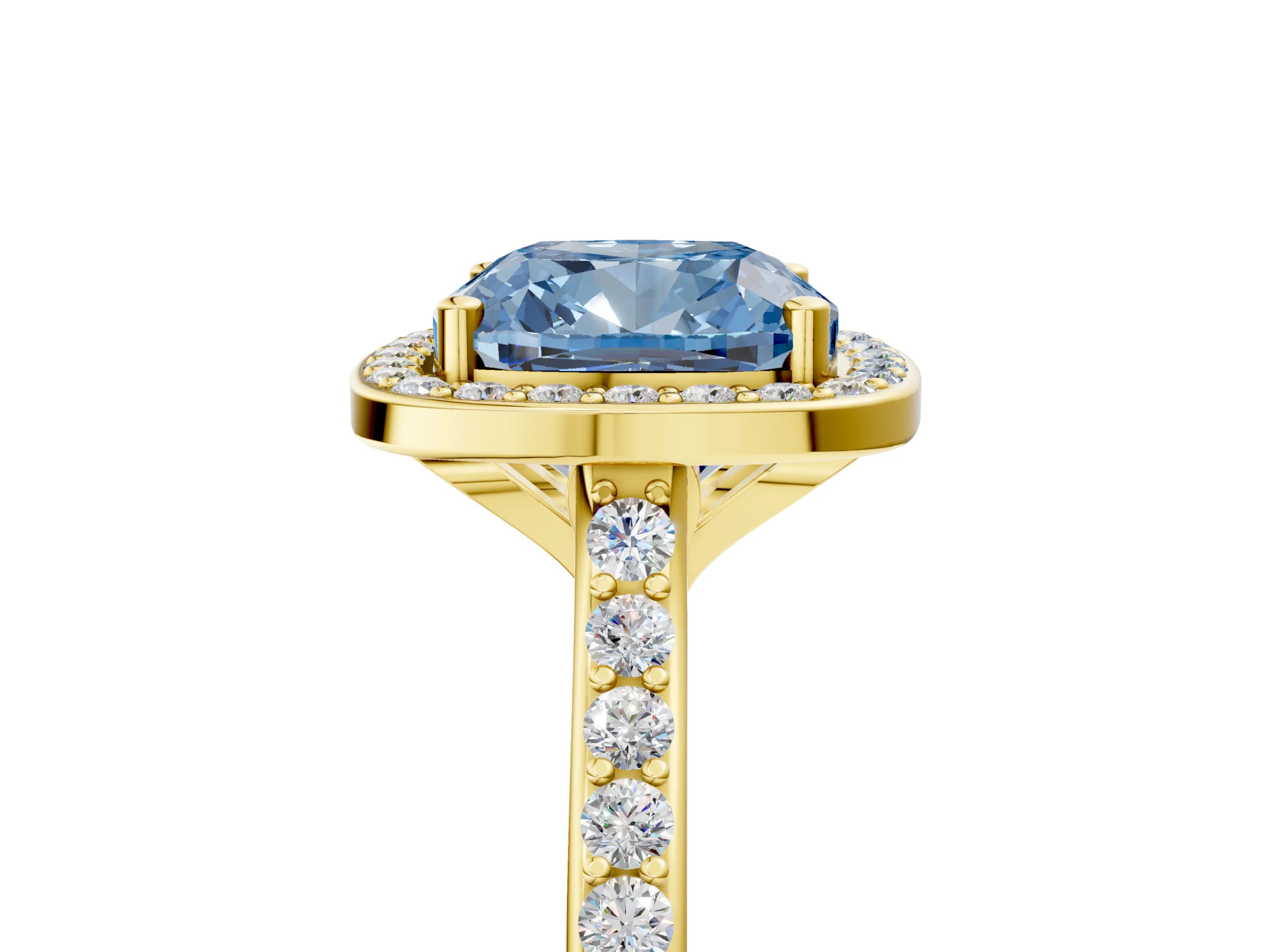 Yellow gold Fancy Blue Cushion Cut Halo Round Diamond Pavé Band with Four-Prong Setting_8