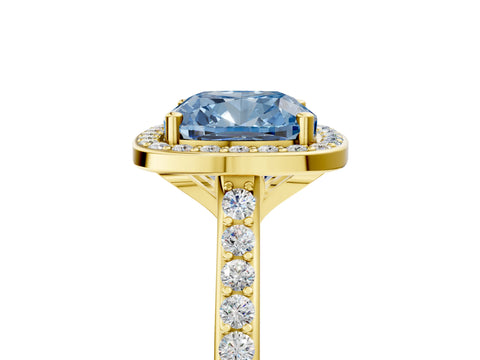 Yellow gold Fancy Blue Cushion Cut Halo Round Diamond Pavé Band with Four-Prong Setting_8