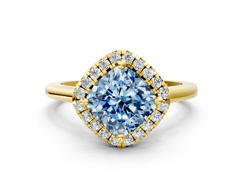 Yellow gold Fancy Blue Cushion Cut Halo Round Diamond Solitaire Engagement Ring with Pave Band and Four-Prong Setting_12