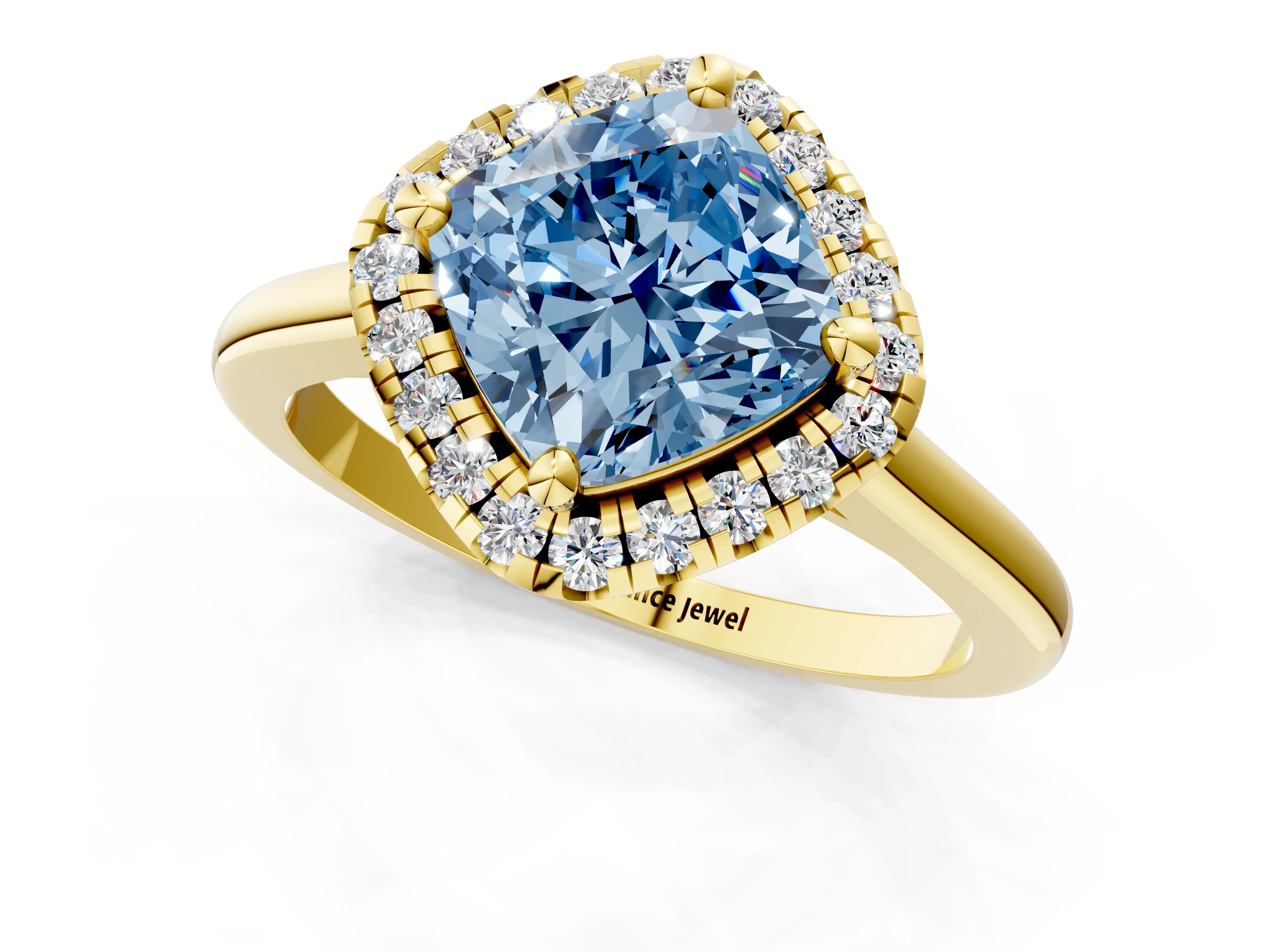 Yellow gold Fancy Blue Cushion Cut Halo Round Diamond Solitaire Engagement Ring with Pave Band and Four-Prong Setting_13