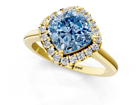 Yellow gold Fancy Blue Cushion Cut Halo Round Diamond Solitaire Engagement Ring with Pave Band and Four-Prong Setting_13