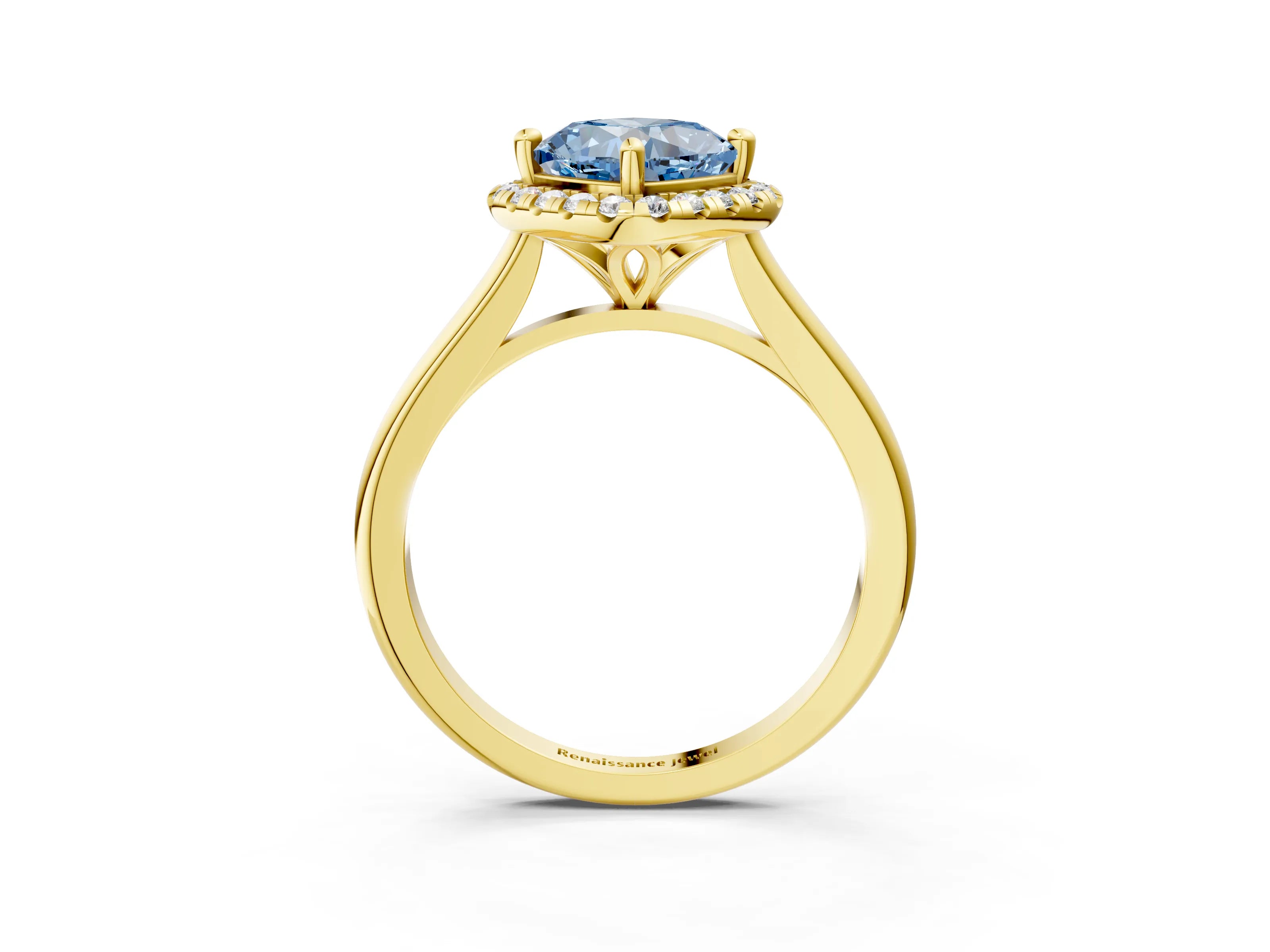 Yellow gold Fancy Blue Cushion Cut Halo Round Diamond Solitaire Engagement Ring with Pave Band and Four-Prong Setting_15