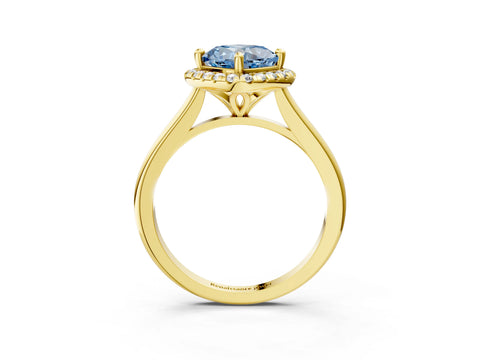 Yellow gold Fancy Blue Cushion Cut Halo Round Diamond Solitaire Engagement Ring with Pave Band and Four-Prong Setting_15