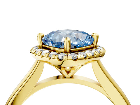 Yellow gold Fancy Blue Cushion Cut Halo Round Diamond Solitaire Engagement Ring with Pave Band and Four-Prong Setting_16