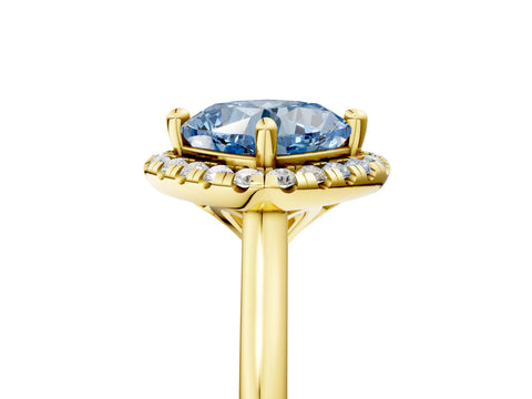Yellow gold Fancy Blue Cushion Cut Halo Round Diamond Solitaire Engagement Ring with Pave Band and Four-Prong Setting_17