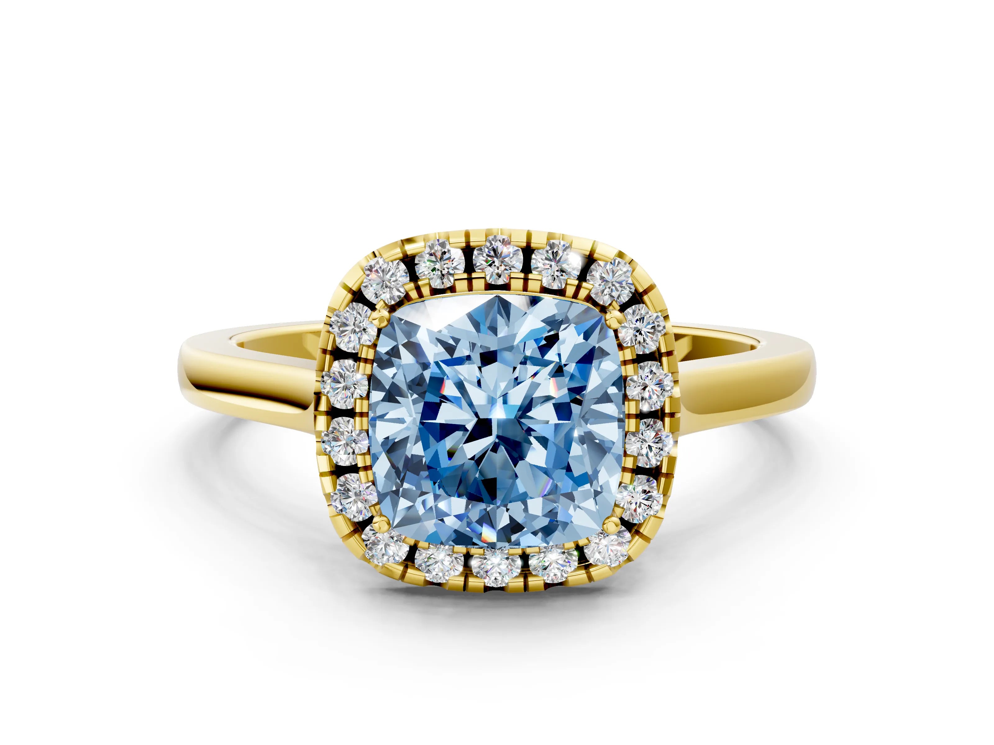 Yellow gold Fancy Blue Cushion Cut Halo Round Diamond Solitaire Ring with Pavé Band and Four-Prong Setting_12
