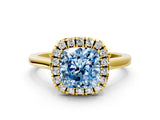 Yellow gold Fancy Blue Cushion Cut Halo Round Diamond Solitaire Ring with Pavé Band and Four-Prong Setting_12
