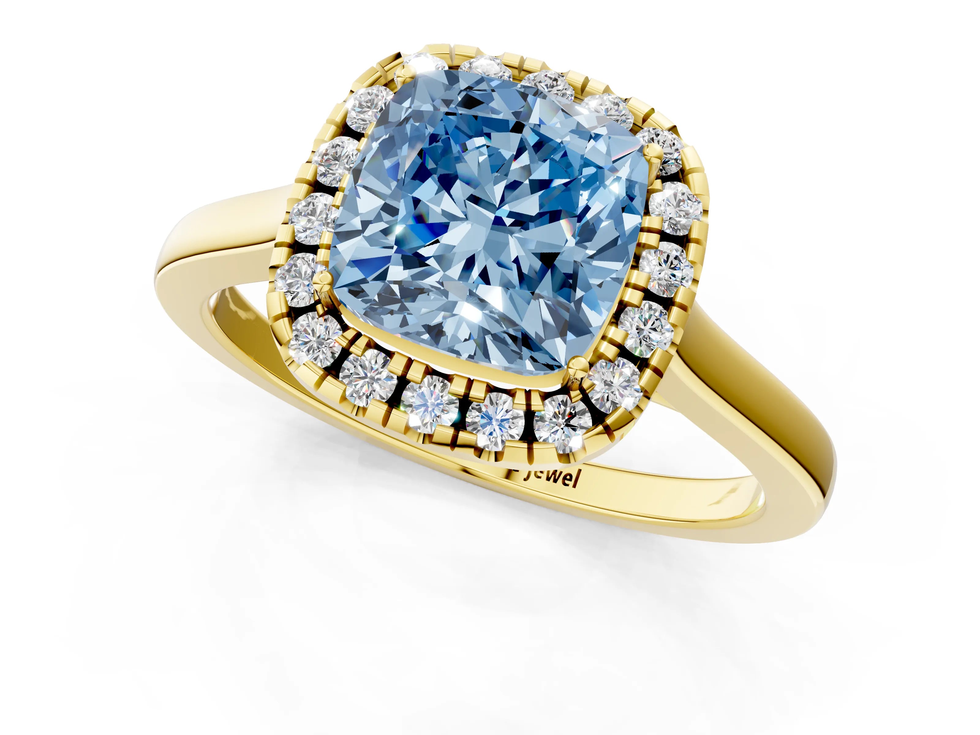Yellow gold Fancy Blue Cushion Cut Halo Round Diamond Solitaire Ring with Pavé Band and Four-Prong Setting_13