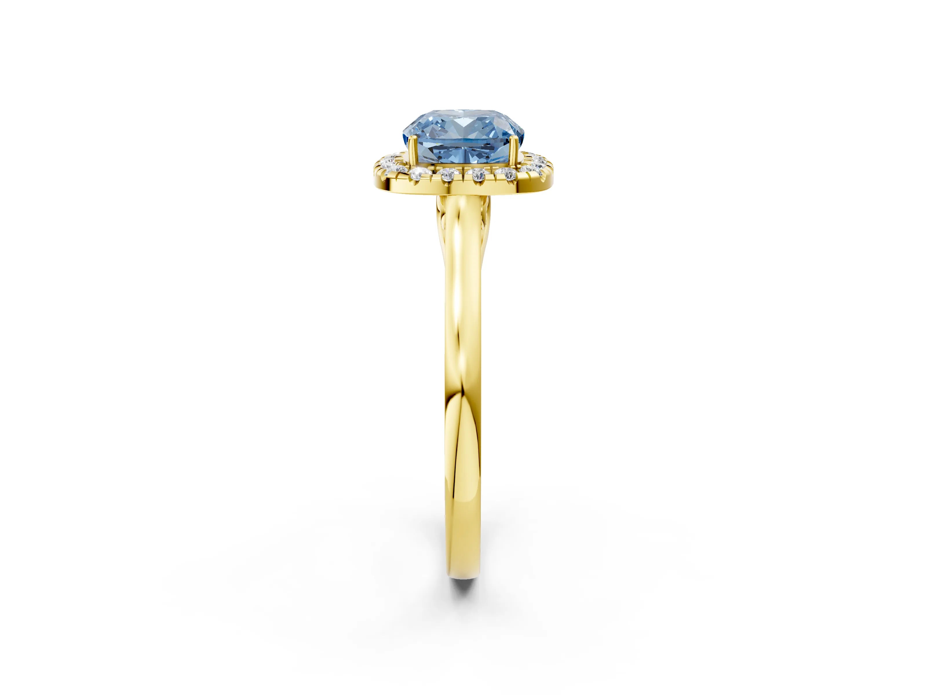 Yellow gold Fancy Blue Cushion Cut Halo Round Diamond Solitaire Ring with Pavé Band and Four-Prong Setting_14