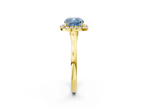 Yellow gold Fancy Blue Cushion Cut Halo Round Diamond Solitaire Ring with Pavé Band and Four-Prong Setting_14