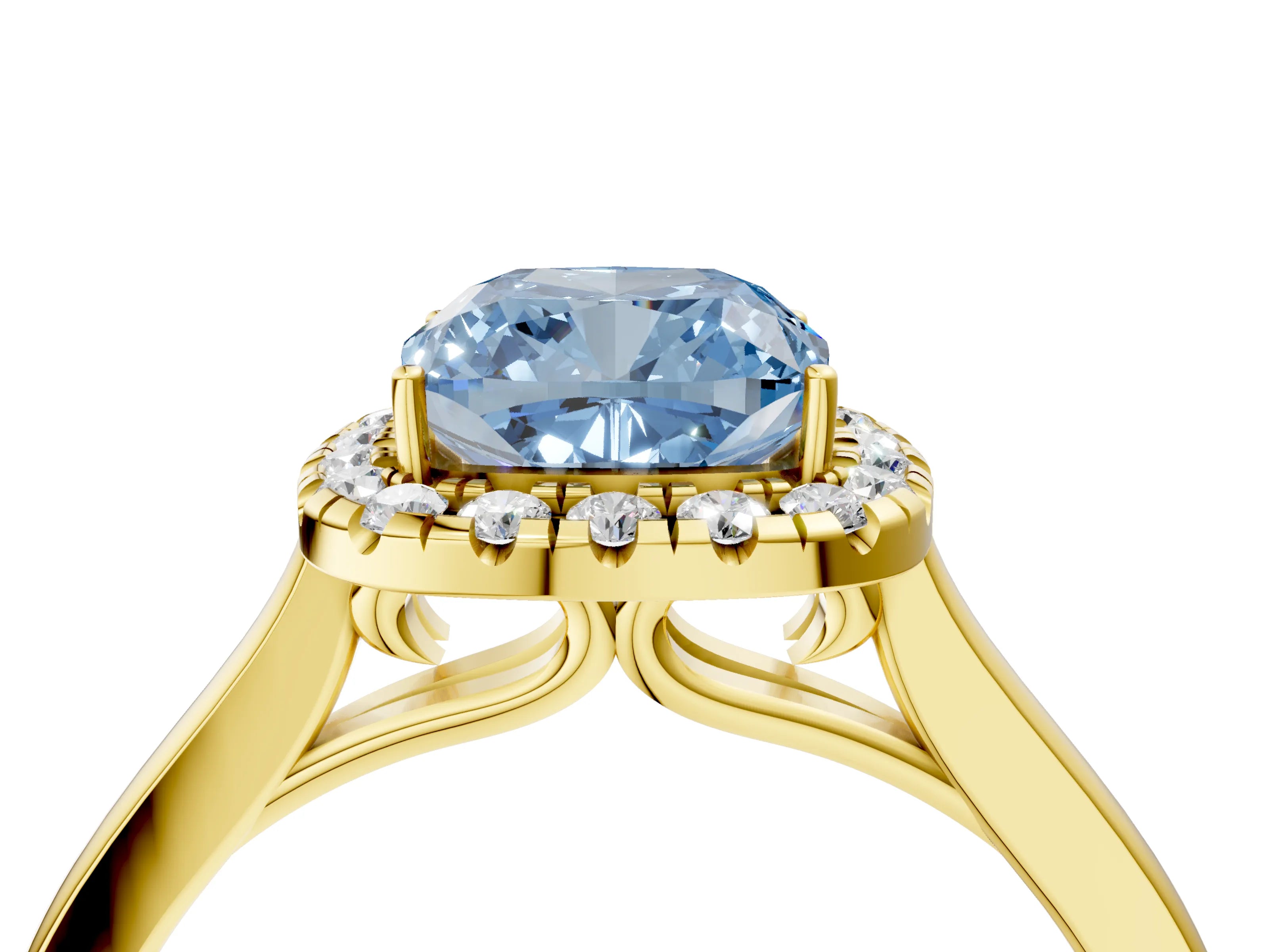 Yellow gold Fancy Blue Cushion Cut Halo Round Diamond Solitaire Ring with Pavé Band and Four-Prong Setting_16