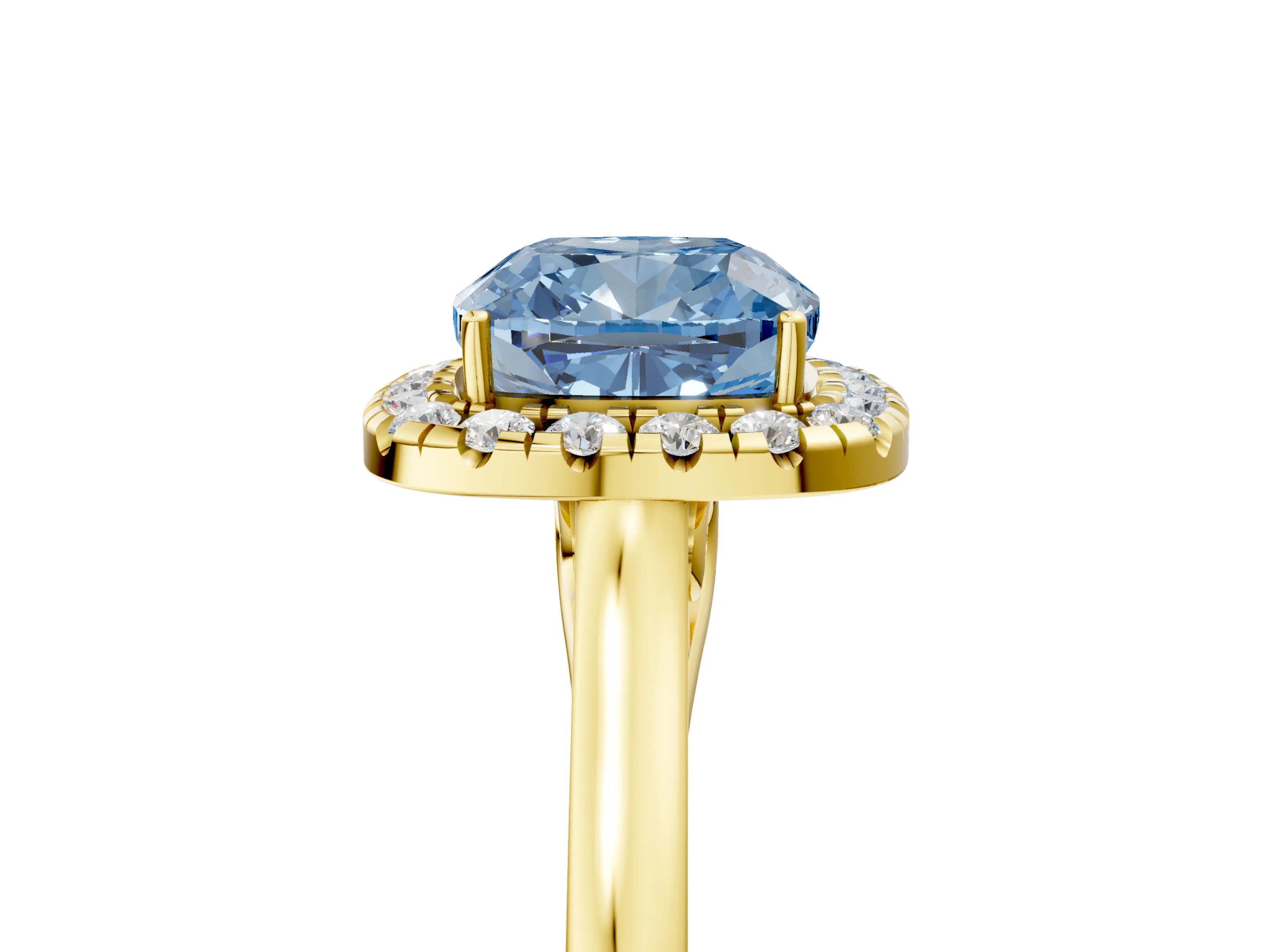 Yellow gold Fancy Blue Cushion Cut Halo Round Diamond Solitaire Ring with Pavé Band and Four-Prong Setting_17