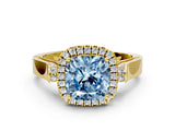 Yellow gold Fancy Blue Cushion Cut Halo Round Diamond Twist Band with Four-Prong Setting