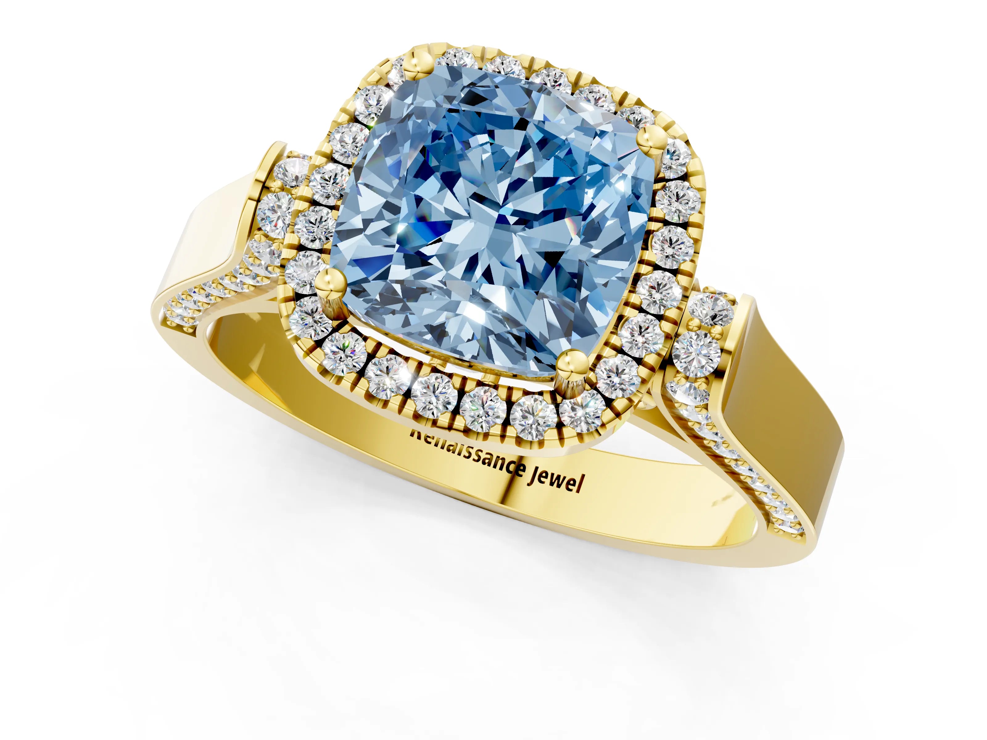 Yellow gold Fancy Blue Cushion Cut Halo Round Diamond Twist Band with Four-Prong Setting_1
