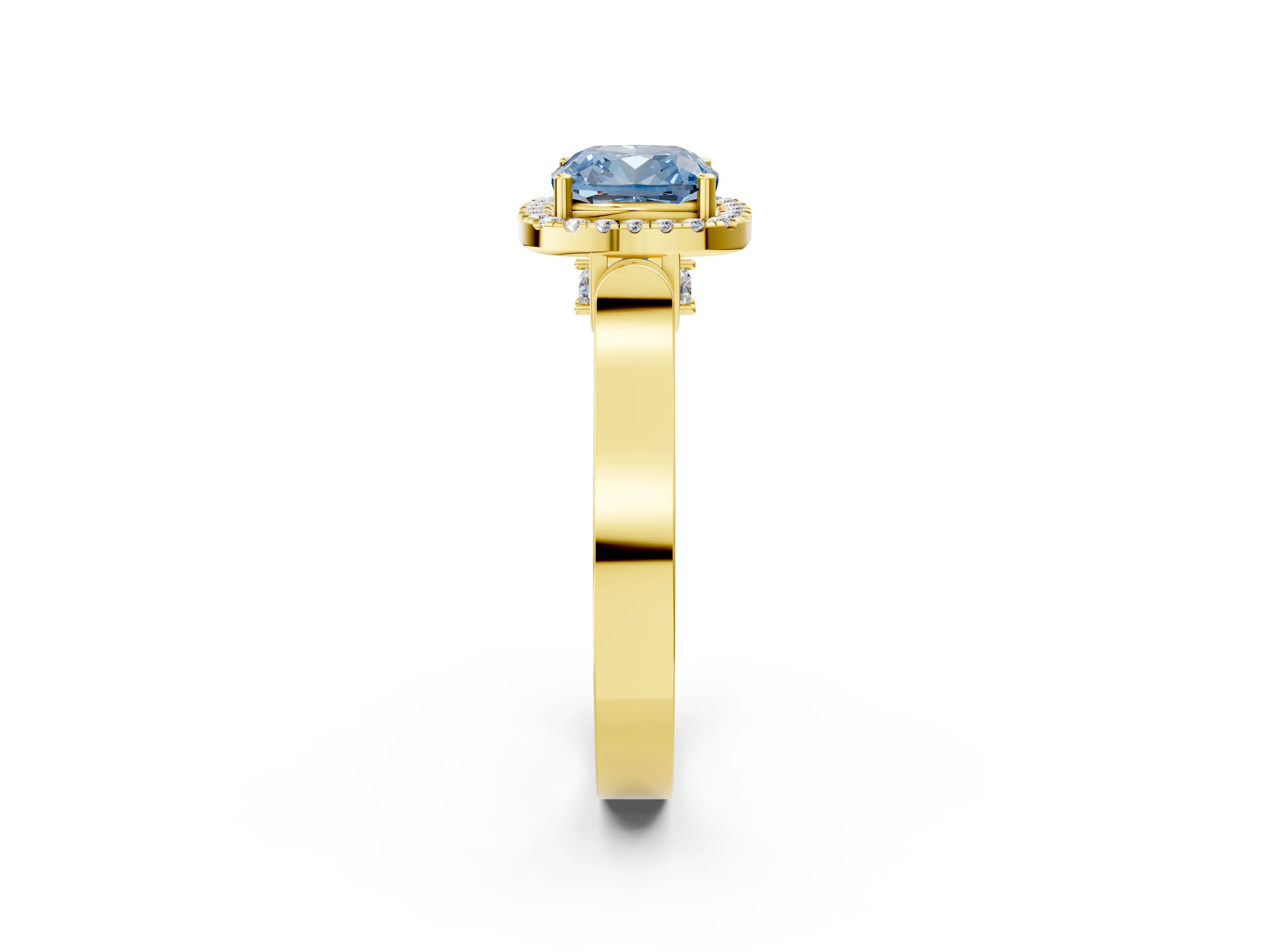 Yellow gold Fancy Blue Cushion Cut Halo Round Diamond Twist Band with Four-Prong Setting_2