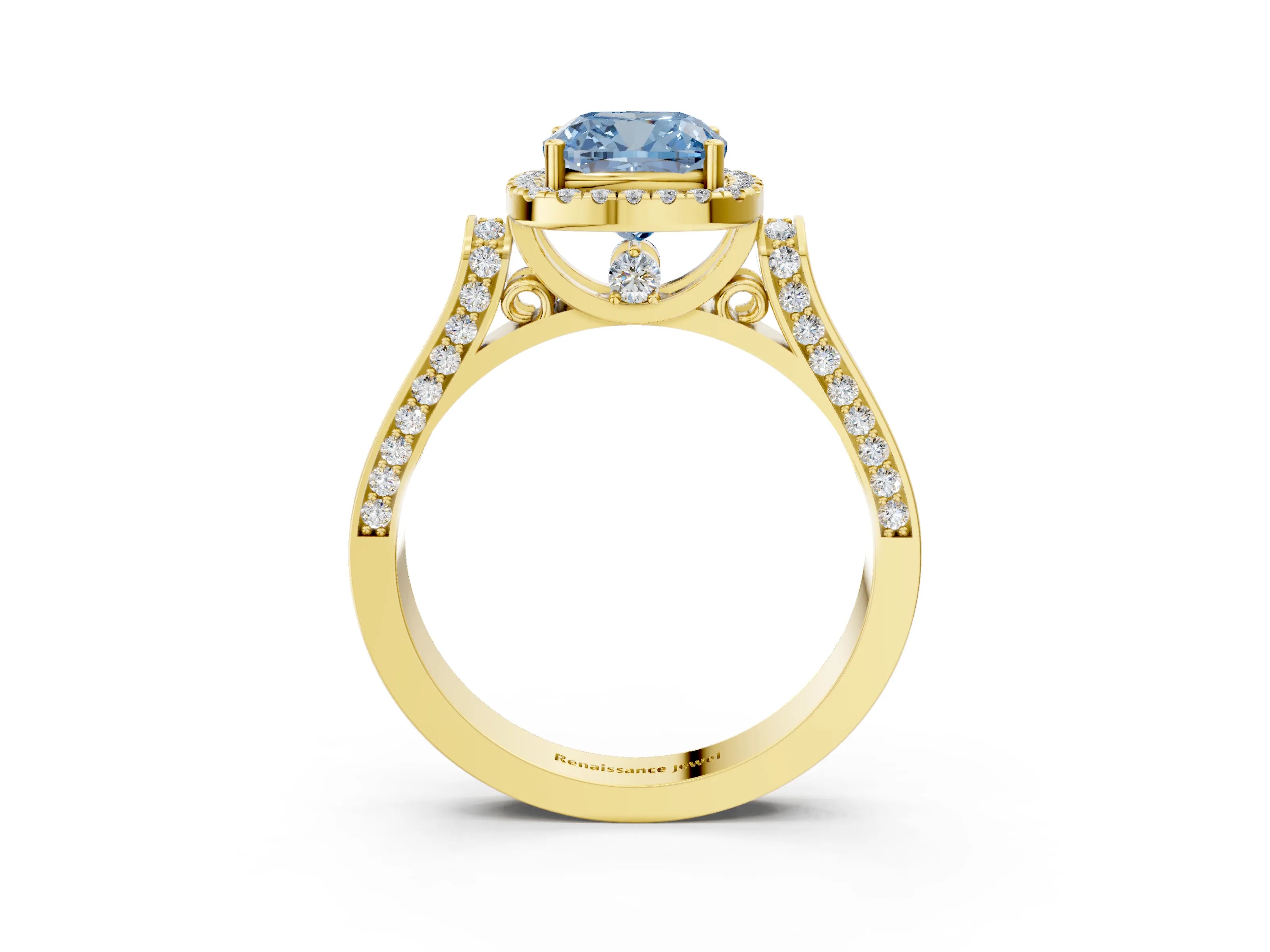 Yellow gold Fancy Blue Cushion Cut Halo Round Diamond Twist Band with Four-Prong Setting_3