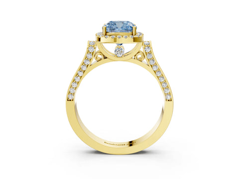 Yellow gold Fancy Blue Cushion Cut Halo Round Diamond Twist Band with Four-Prong Setting_3