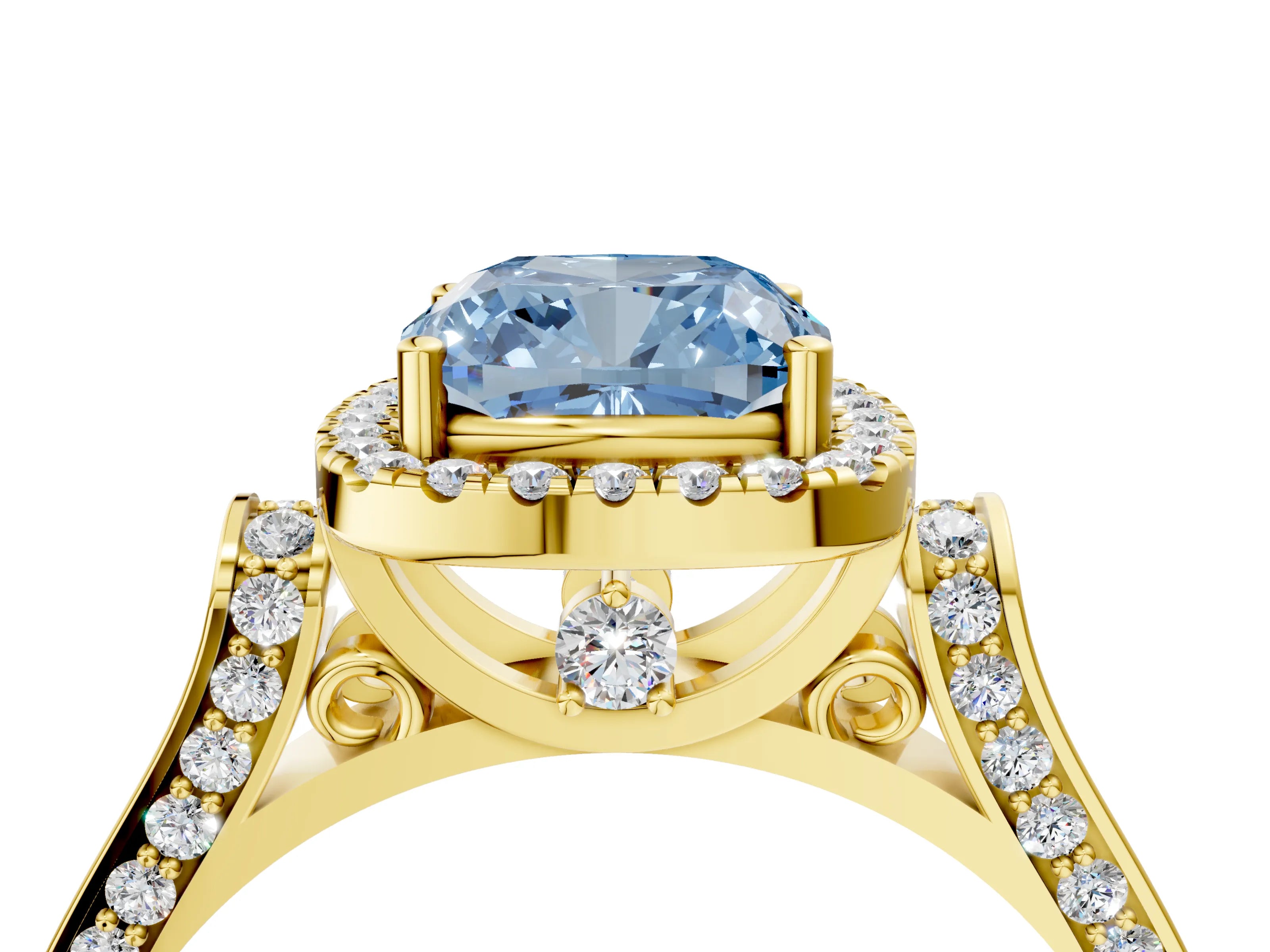 Yellow gold Fancy Blue Cushion Cut Halo Round Diamond Twist Band with Four-Prong Setting_4