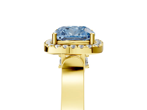 Yellow gold Fancy Blue Cushion Cut Halo Round Diamond Twist Band with Four-Prong Setting_5