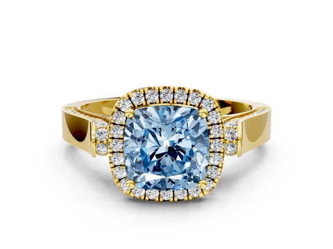 Yellow gold Fancy Blue Cushion Cut Halo Round Diamond Twist Band with Four-Prong Setting
