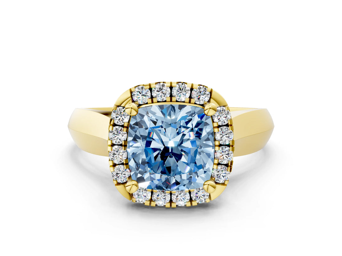 Yellow gold Fancy Blue Cushion  Cut Halo Solitaire Engagement Ring with Square Band and Four-Prong Setting_66