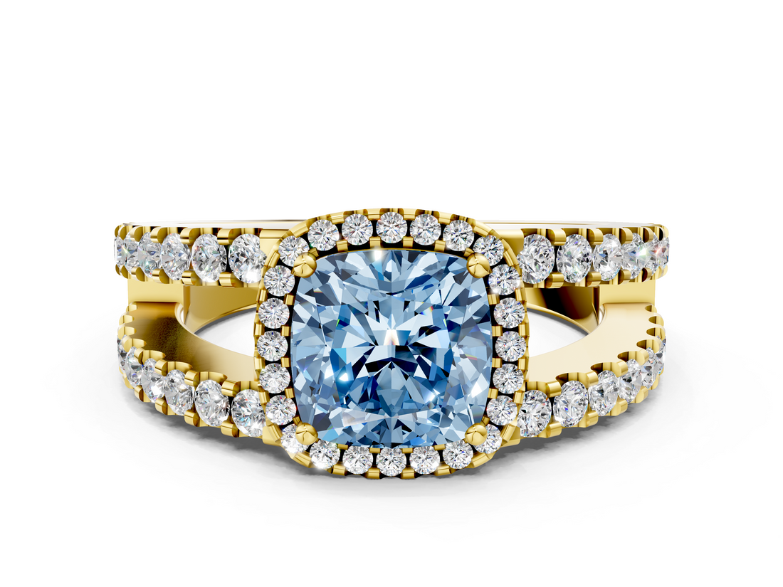 Yellow gold Fancy Blue Cushion  Cut Halo Split Shank Diamond Ring with Four-Prong Setting_45