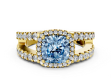 Yellow gold Fancy Blue Cushion  Cut Halo Split Shank Diamond Ring with Four-Prong Setting_45
