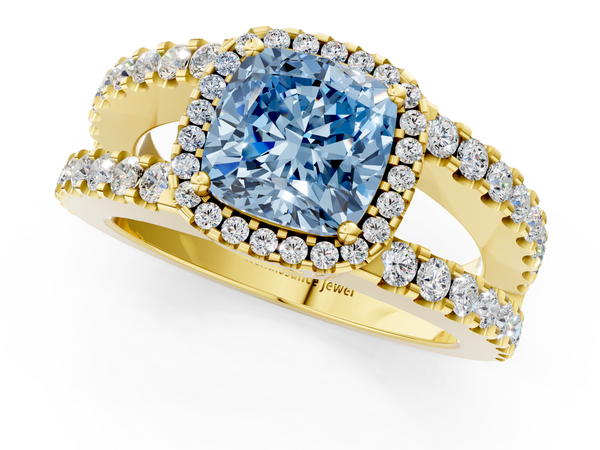 Yellow gold Fancy Blue Cushion  Cut Halo Split Shank Diamond Ring with Four-Prong Setting