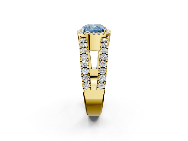 Yellow gold Fancy Blue Cushion  Cut Halo Split Shank Diamond Ring with Four-Prong Setting