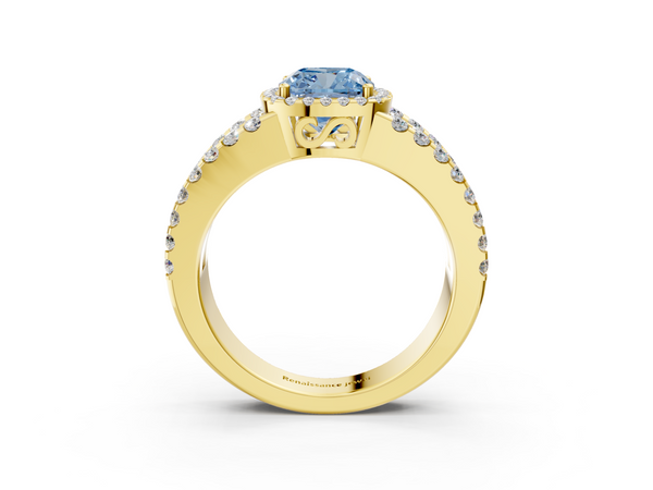 Yellow gold Fancy Blue Cushion  Cut Halo Split Shank Diamond Ring with Four-Prong Setting