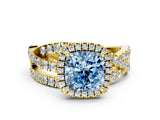 Yellow gold Fancy Blue Cushion  Cut Halo Split Shank Prong Setting Ring_12