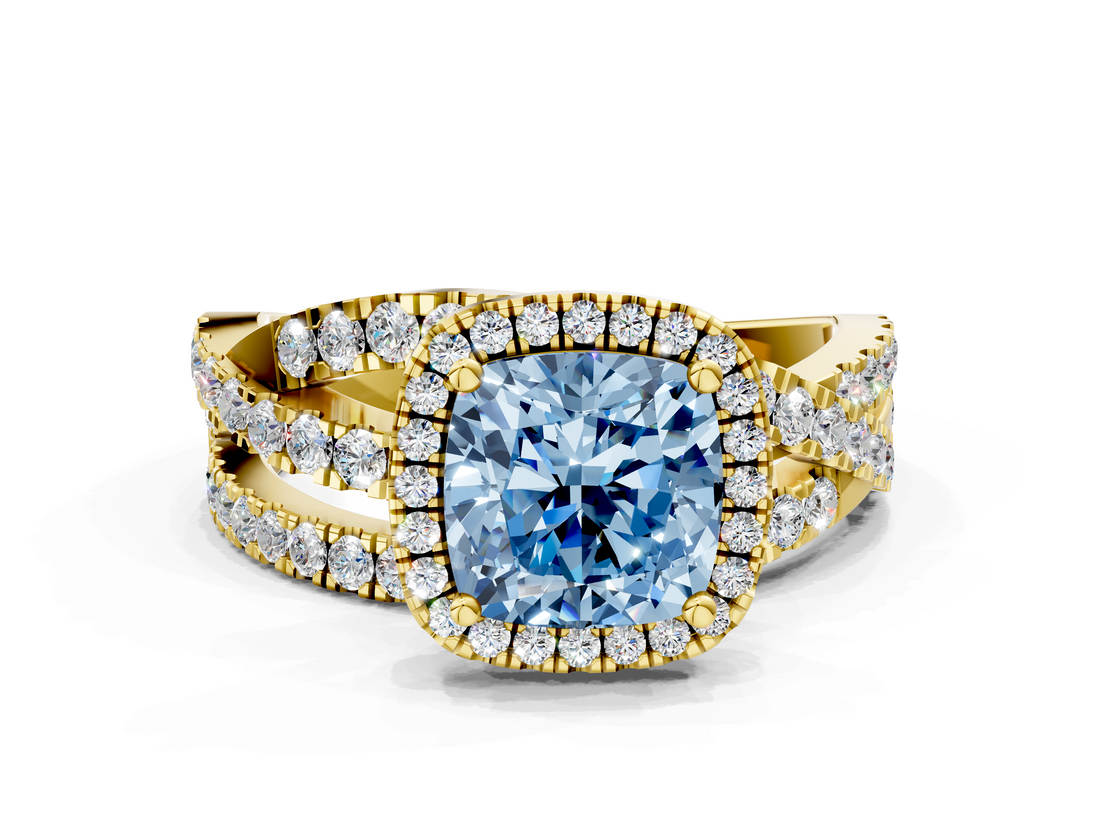 Yellow gold Fancy Blue Cushion  Cut Halo Split Shank Prong Setting Ring_60