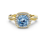Yellow gold Fancy Blue Cushion Cut Halo Twist Band with Four-Prong Setting