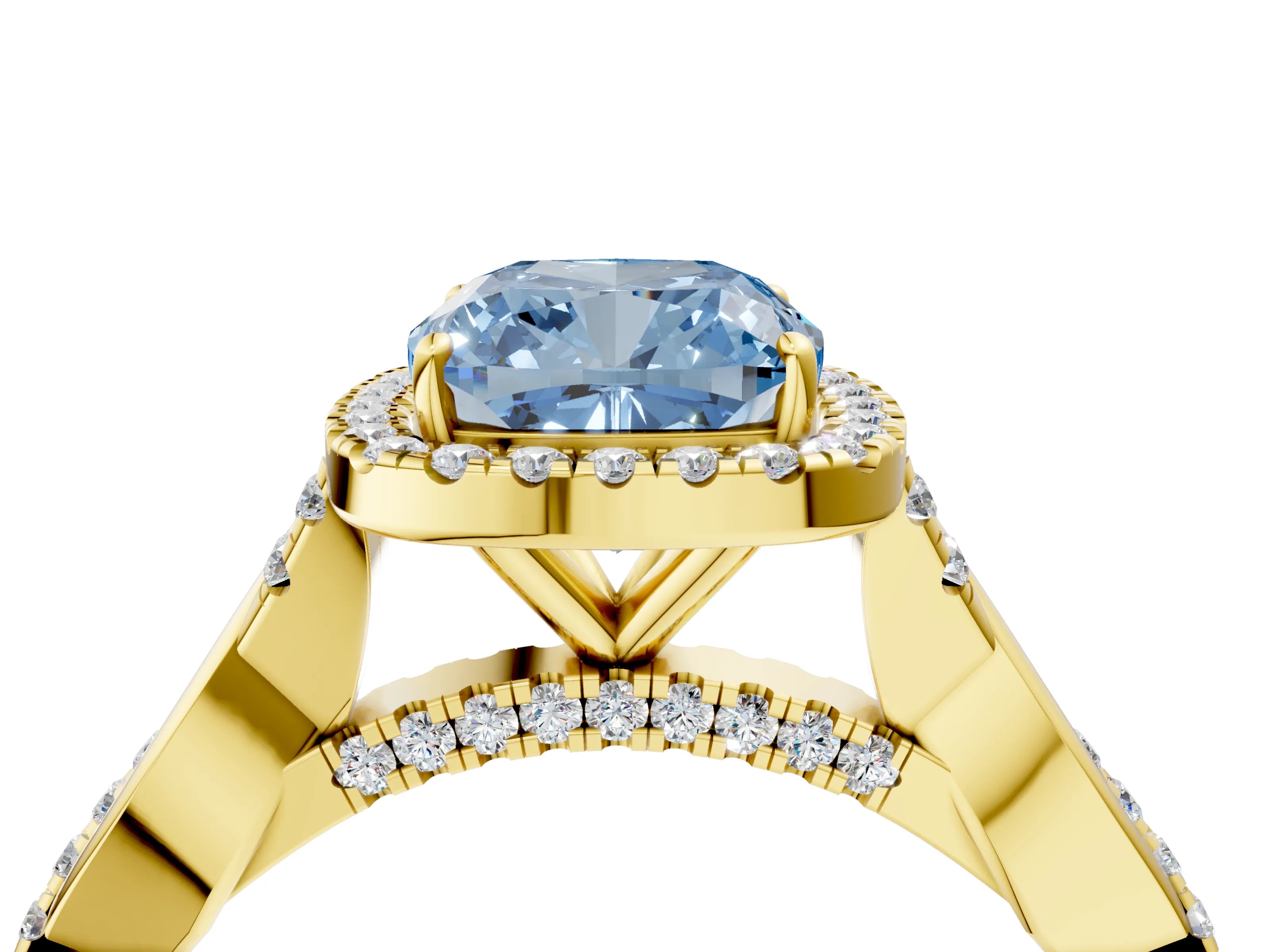 Yellow gold Fancy Blue Cushion Cut Halo Twist Band with Four-Prong Setting_4