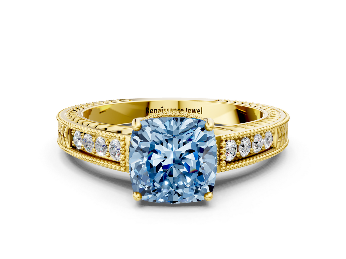 Yellow gold Fancy Blue Cushion  Cut Milgrain Channel Set Engagement Ring with Solitaire Prong Setting_48