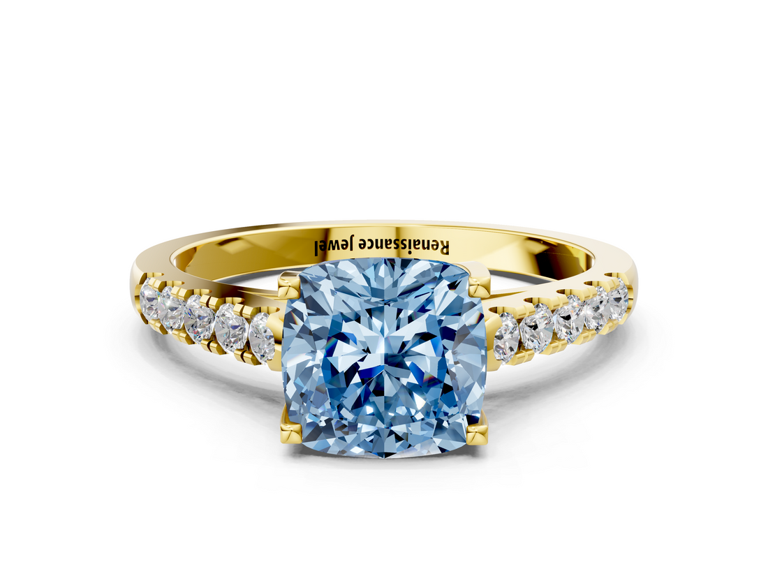 Yellow gold Fancy Blue Cushion  Cut Pavé Band Solitaire Ring with Four-Prong Setting_22