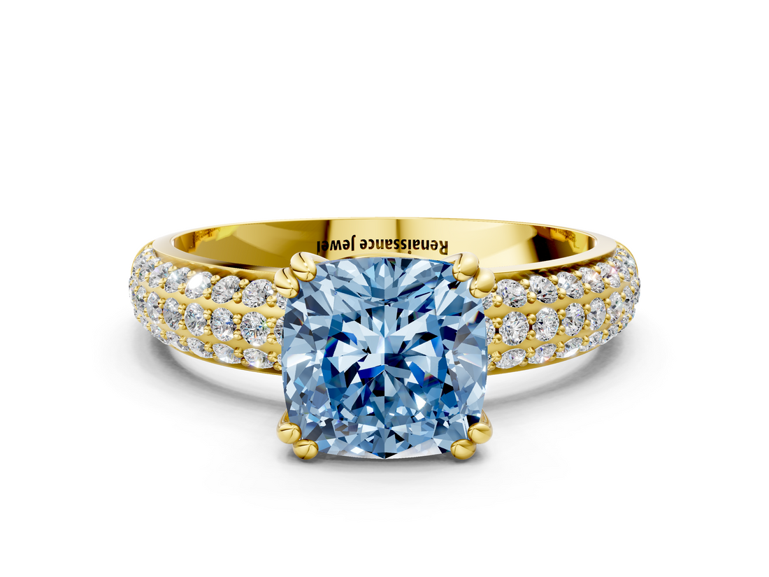 Yellow gold Fancy Blue Cushion  Cut Pave Diamond Engagement Ring with Channel Set Band and Four-Prong Setting_20
