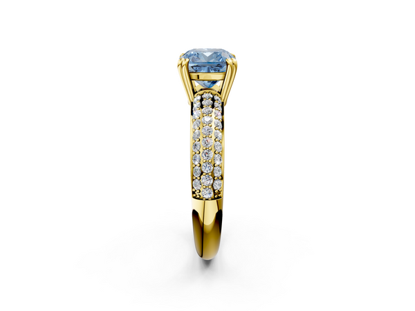 Yellow gold Fancy Blue Cushion  Cut Pave Diamond Engagement Ring with Channel Set Band and Four-Prong Setting
