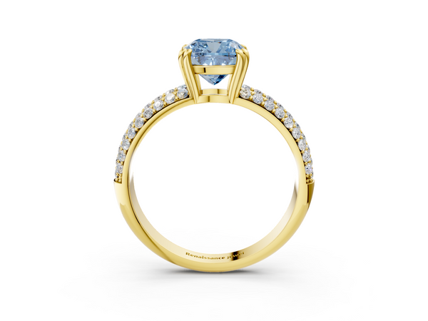 Yellow gold Fancy Blue Cushion  Cut Pave Diamond Engagement Ring with Channel Set Band and Four-Prong Setting
