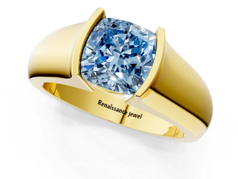 Yellow gold Fancy Blue Cushion Cut Solitaire Bezel Set Diamond Ring with Wide Band_1